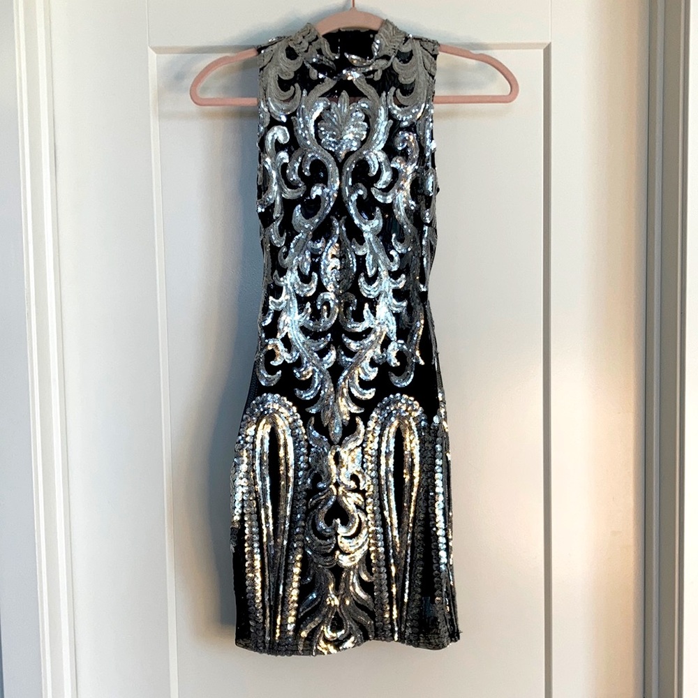 BANJUL Black Sleeveless Mini Dress with Silver Sequence Design. Size S